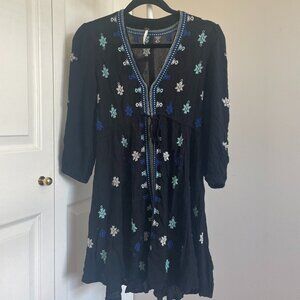 Free People - Long Sleeve Mini Black & Blue Embroidered Dress (XS)
